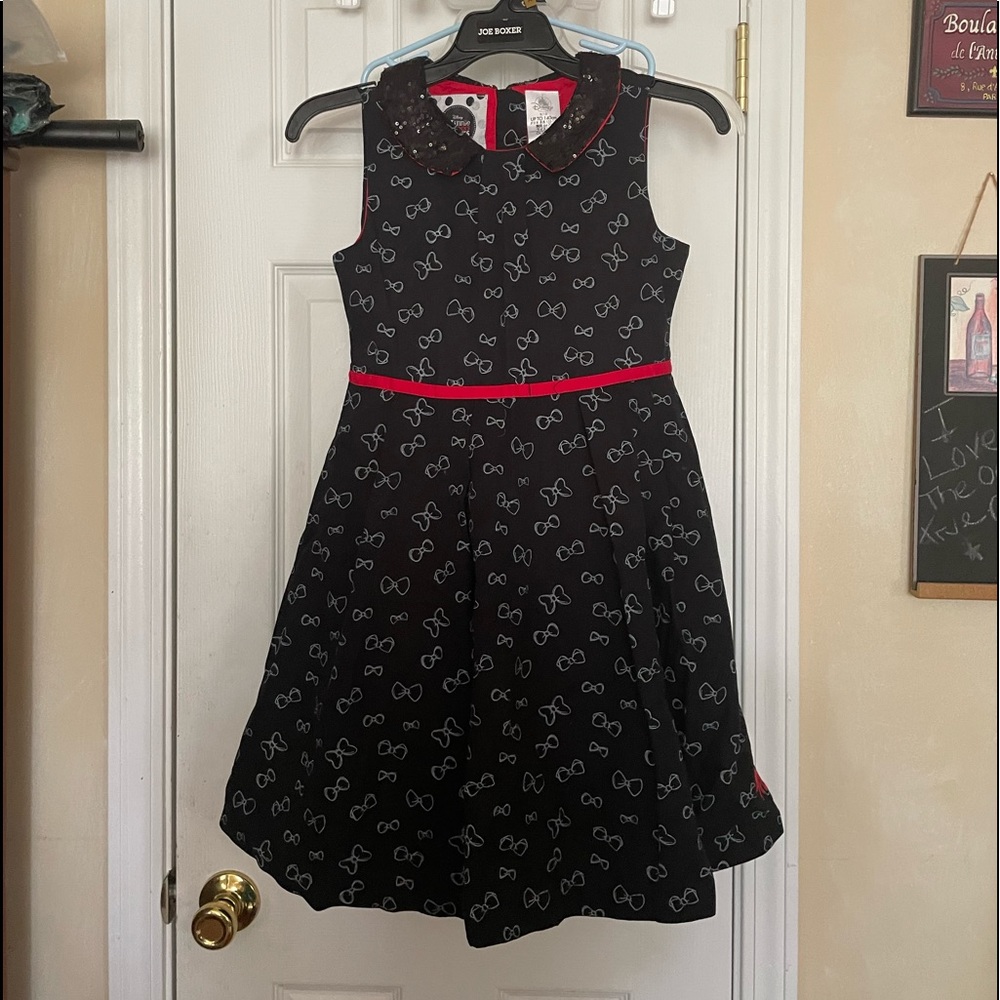 DISNEY STORE Minnie Rocks the Dots Bow Print Dress Black Sequin Collar Sz 9-10